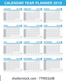 Simple 2019 Year Planner Calendar Set Of All Month