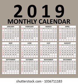 Simple 2019 year vector calendar / 2019 calendar vertical - week starts with Sunday