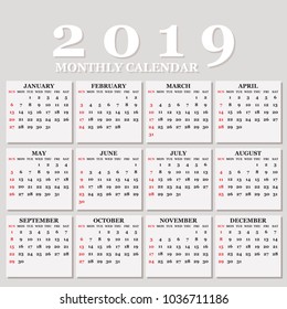 Simple 2019 year vector calendar / 2019 calendar vertical - week starts with Sunday