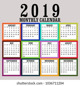 Simple 2019 year vector calendar / 2019 calendar vertical - week starts with Sunday