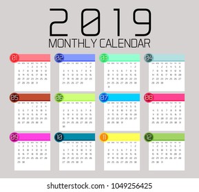 Simple 2019 year vector calendar / 2019 calendar vertical - week starts with Sunday.