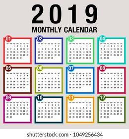 Simple 2019 year vector calendar / 2019 calendar vertical - week starts with Sunday.