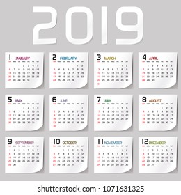 Simple 2019 year vector calendar / 2019 calendar vertical - week starts with Sunday.