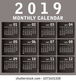 Simple 2019 year vector calendar / 2019 calendar vertical - week starts with Sunday.