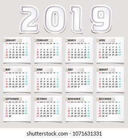 Simple 2019 year vector calendar / 2019 calendar vertical - week starts with Sunday.
