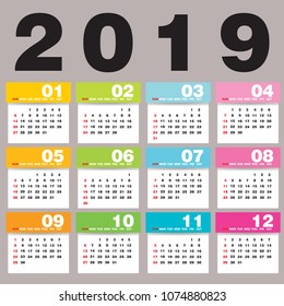 Simple 2019 year vector calendar / 2019 calendar vertical - week starts with Sunday.