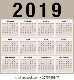 Simple 2019 year vector calendar / 2019 calendar vertical - week starts with Sunday.