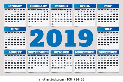 Simple 2019 year vector calendar / 2019 calendar vertical - week starts with Sunday.

