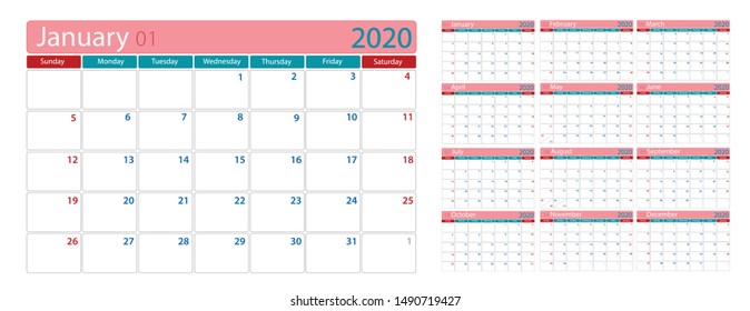 Simple 2020 Calendar template Day planner in day Blank Space area