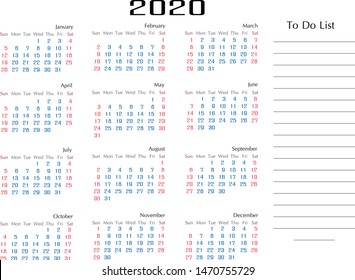 Simple 2020 Calendar template year and to do list planner goal and success in 2020