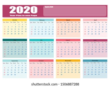Simple 2020 Calendar template year to goal planner colorful one page calendar