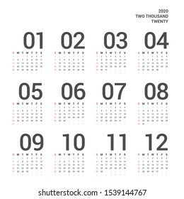Simple 2020 calendar. Vector design in white background. Week start on Sunday. 