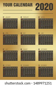 Simple 2020 metal rat year vector calendar / 2020 calendar vertical - week starts with Sunday.  Vector gold black print