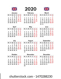 simple 2020 uk calendar grid, starts monday, two weekend