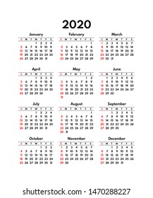 simple 2020 usa calendar grid, starts sunday
