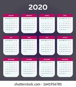 Simple 2020 year calendar, flat editable business template