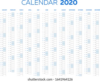 Simple 2020 year calendar, flat editable business template