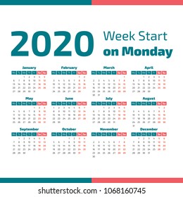 Simple 2020 year calendar, week starts on Monday