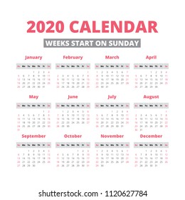 Simple 2020 year calendar, week starts on sunday