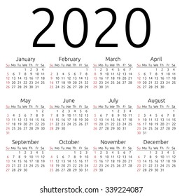 Simple 2020 year calendar, week starts on Sunday, EPS 8 vector