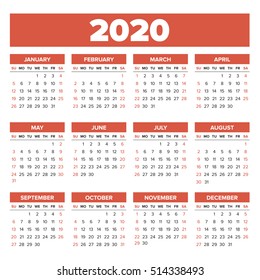 Simple 2020 year calendar, week starts on Sunday
