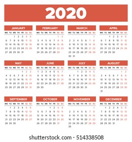 Simple 2020 year calendar, week starts on Monday