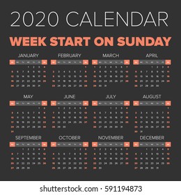 Simple 2020 year calendar, week starts on Monday