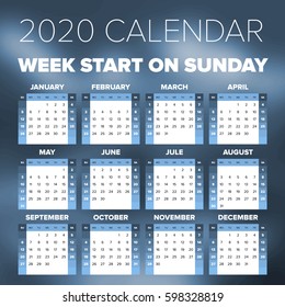 Simple 2020 year calendar, week starts on Sunday