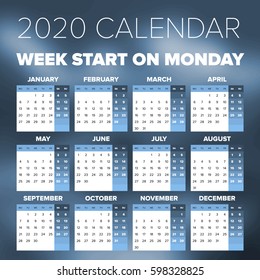 Simple 2020 year calendar, week starts on Monday