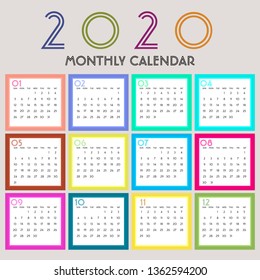 Simple 2020 year vector calendar / 2020 calendar vertical - week starts with Sunday. - Vector - Vector