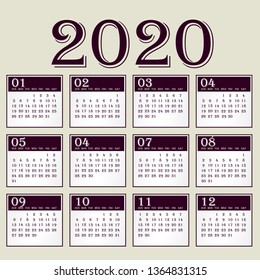 Simple 2020 year vector calendar / 2020 calendar vertical - week starts with Sunday. - Vector