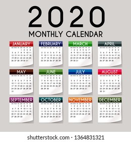 Simple 2020 year vector calendar / 2020 calendar vertical - week starts with Sunday. - Vector