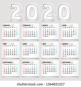 Simple 2020 year vector calendar / 2020 calendar vertical - week starts with Sunday. - Vector