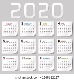 Simple 2020 year vector calendar / 2020 calendar vertical - week starts with Sunday. - Vector