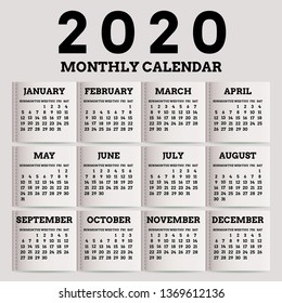 Simple 2020 year vector calendar / 2020 calendar vertical - week starts with Sunday. - Vector