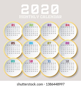 Simple 2020 year vector calendar / 2020 calendar vertical - week starts with Sunday. - Vector