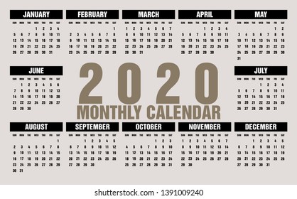 Simple 2020 year vector calendar / 2020 calendar vertical - week starts with Sunday. - Vector