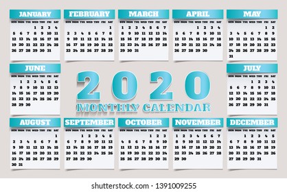 Simple 2020 year vector calendar / 2020 calendar vertical - week starts with Sunday. - Vector