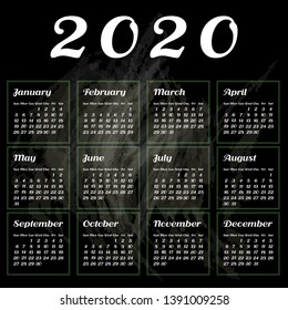 Simple 2020 year vector calendar / 2020 calendar vertical - week starts with Sunday. - Vector