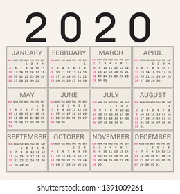 Simple 2020 year vector calendar / 2020 calendar vertical - week starts with Sunday. - Vector