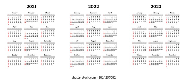 simple 2021 2022 2023 usa calendar grid, starts sunday