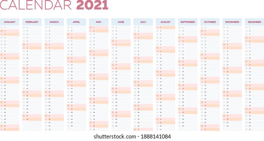 Simple 2021 calendar, flat editable business template of yearly planner, vertical format columns