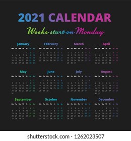 Simple 2021 year calendar on the black background