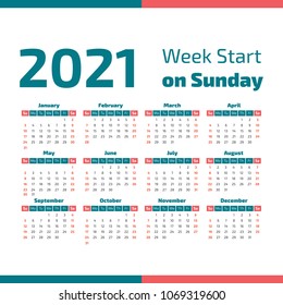 Simple 2021 year calendar, week starts on Sunday