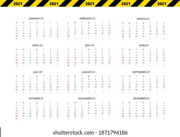 Simple 2021 Year Calendar. Week Starts On Sunday Template. EPS10 Vector