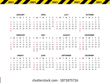 Simple 2021 Year Calendar. Week Starts On Sunday Template. EPS10 Vector