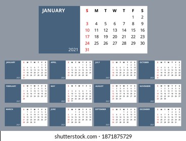 Simple 2021 Year Calendar. Week Starts On Sunday Template. EPS10 Vector