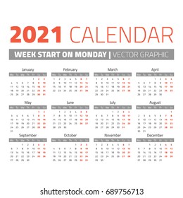 Simple 2021 year calendar, week starts on Monday