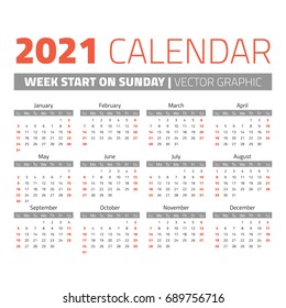 Simple 2021 year calendar, week starts on sunday