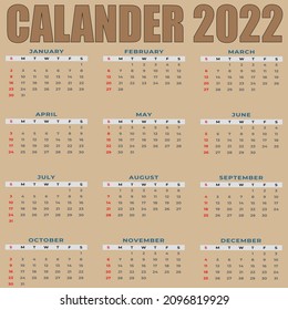 simple 2022 borwn calendar, starts monday, two weekend